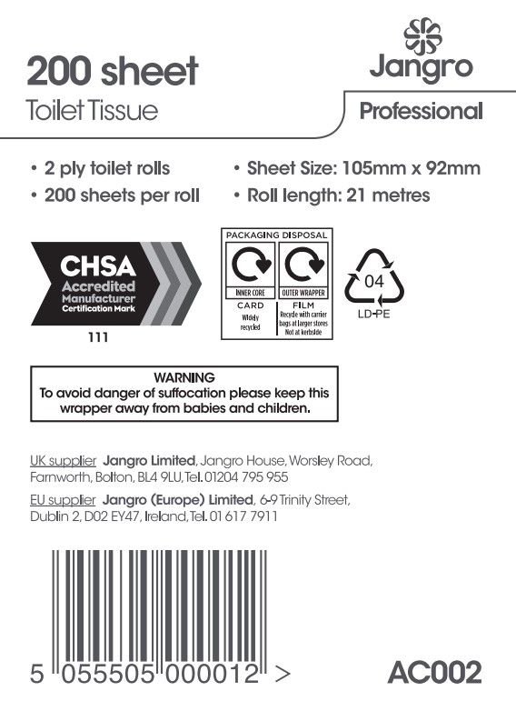Jangro Professional 2 Ply Toilet Rolls - 200 Sheet - White