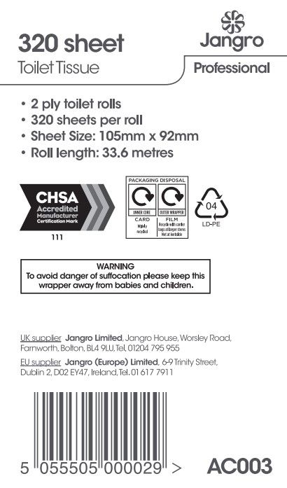 Jangro Professional 2 Ply Toilet Rolls - 320 Sheet - White