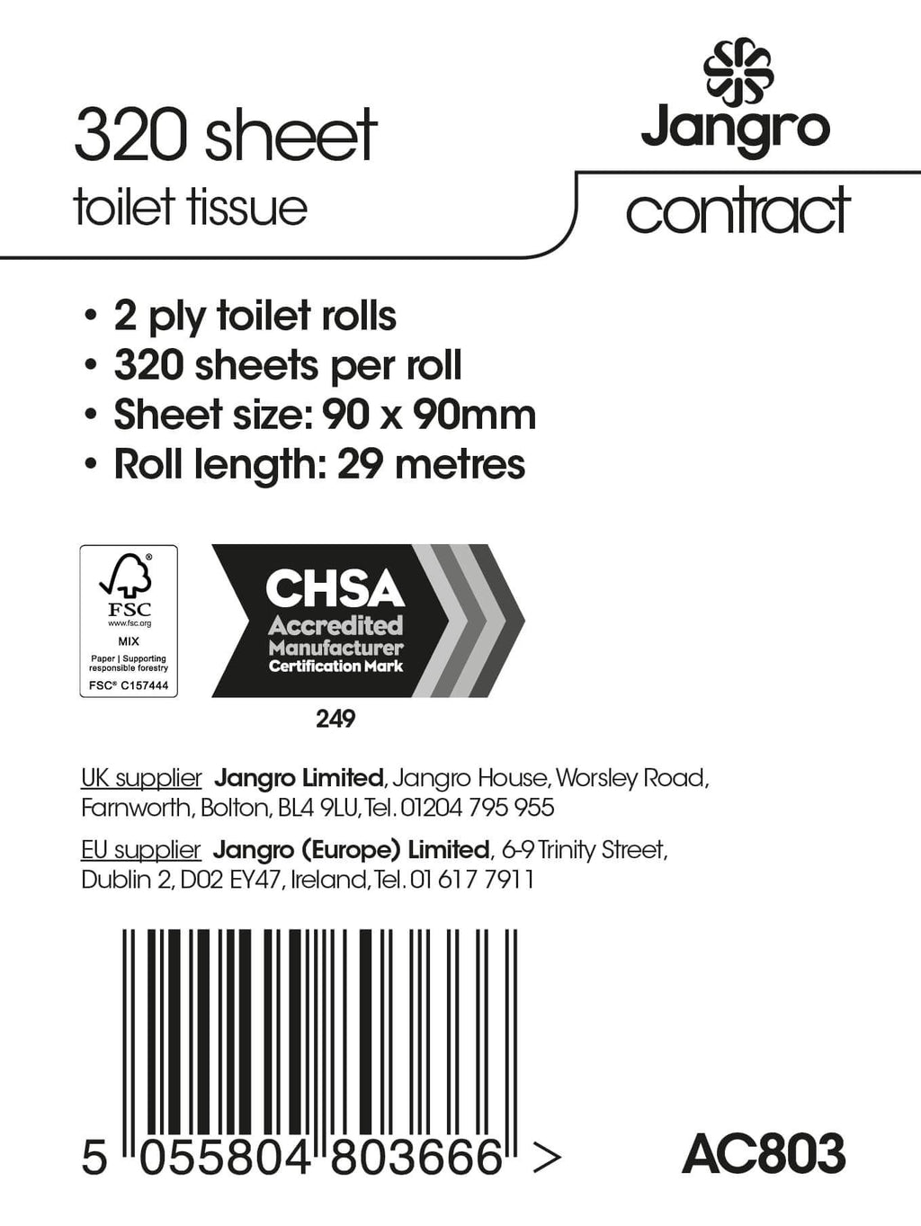 Jangro Contract 2 Ply Toilet Rolls - 320 Sheet - White