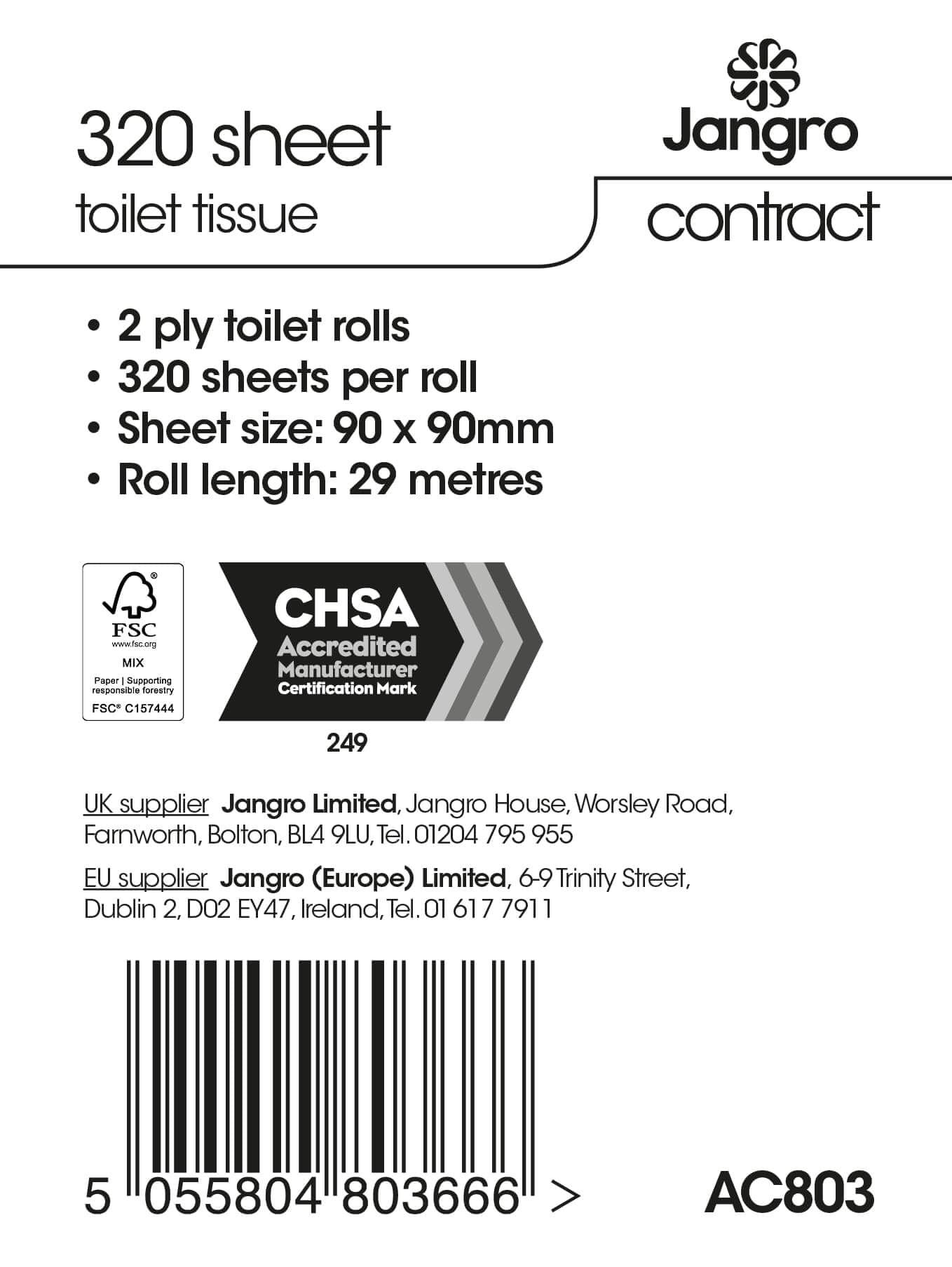 Jangro Contract 2 Ply Toilet Rolls - 320 Sheet - White