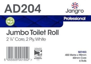 Jangro 2 Ply Jumbo Toilet Rolls - 2.25" - White