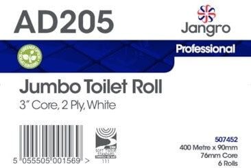 Jangro 2 Ply Jumbo Toilet Rolls - 3" - White
