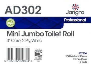 Jangro 2 Ply Mini Jumbo Toilet Rolls - 7.6cm - White