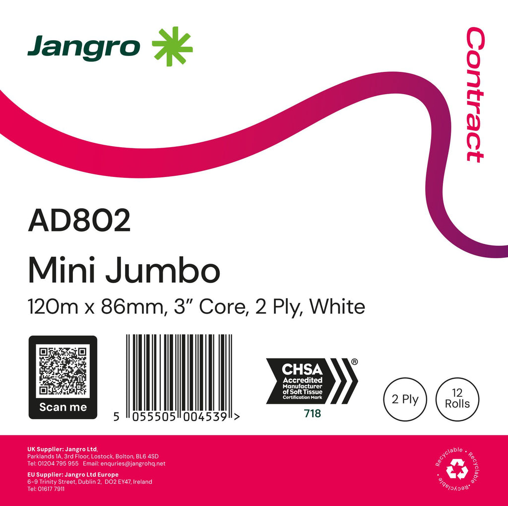 Jangro Mini Jumbo Toilet Roll 120M x 86mm, 3" core, 2 ply