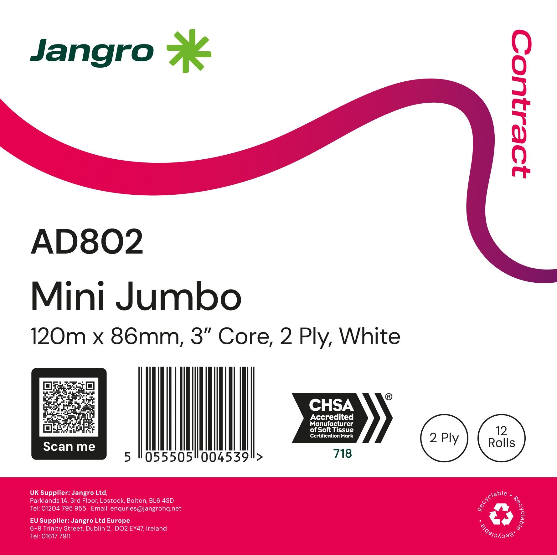 Jangro Mini Jumbo Toilet Roll 120M x 86mm, 3" core, 2 ply