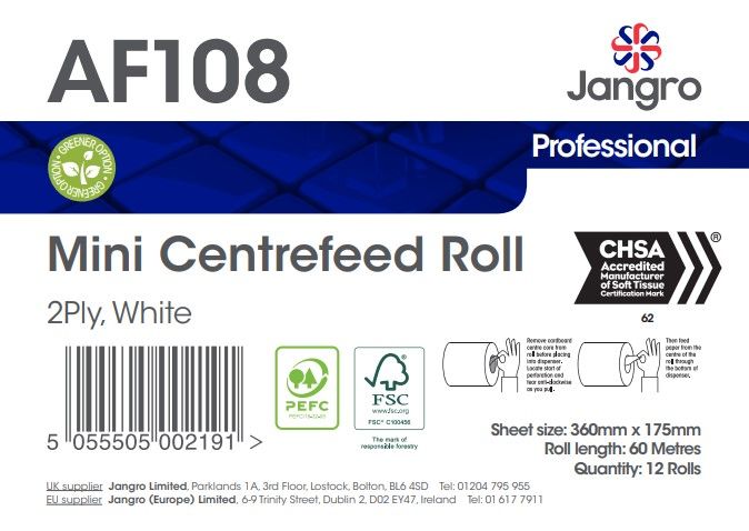 Jangro 2 Ply Mini Centrefeed Rolls - White