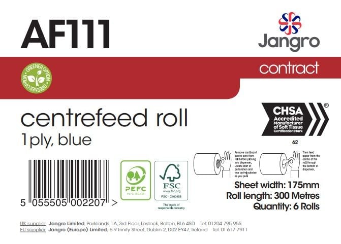Jangro 1 Ply Centrefeed Rolls - Blue