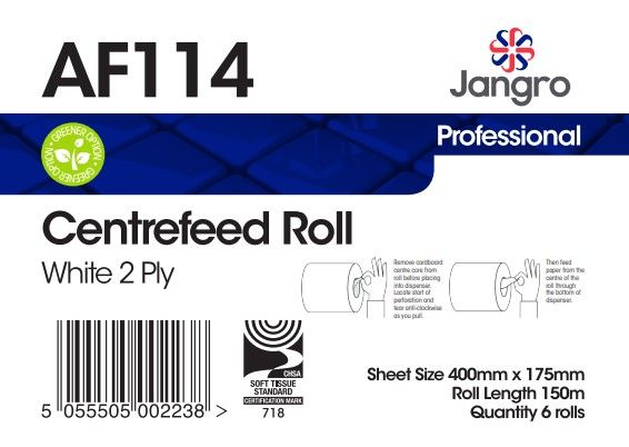 Jangro 2 Ply Centrefeed Rolls - White