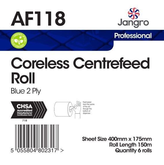 Jangro 2 Ply Coreless Centrefeed Rolls - Blue