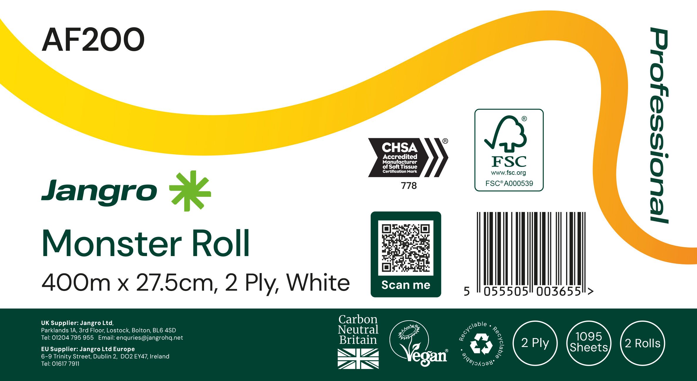 Jangro 2 Ply Monster Roll - White - 2 Pack