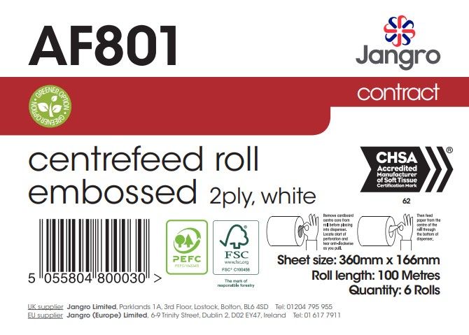 Jangro Contract 2 Ply Embossed Centrefeed Rolls - White