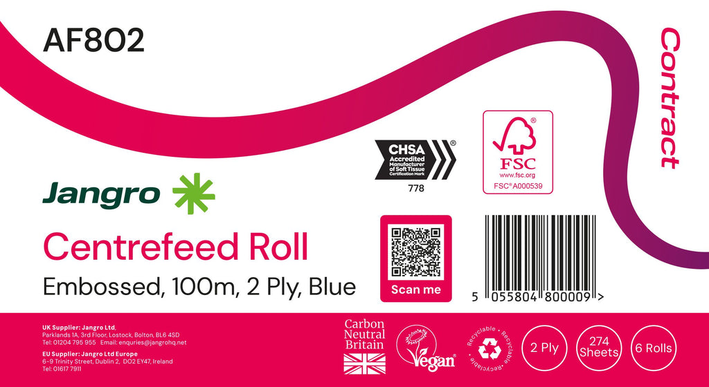 Jangro Contract 2 Ply Embossed Centrefeed Rolls - Blue