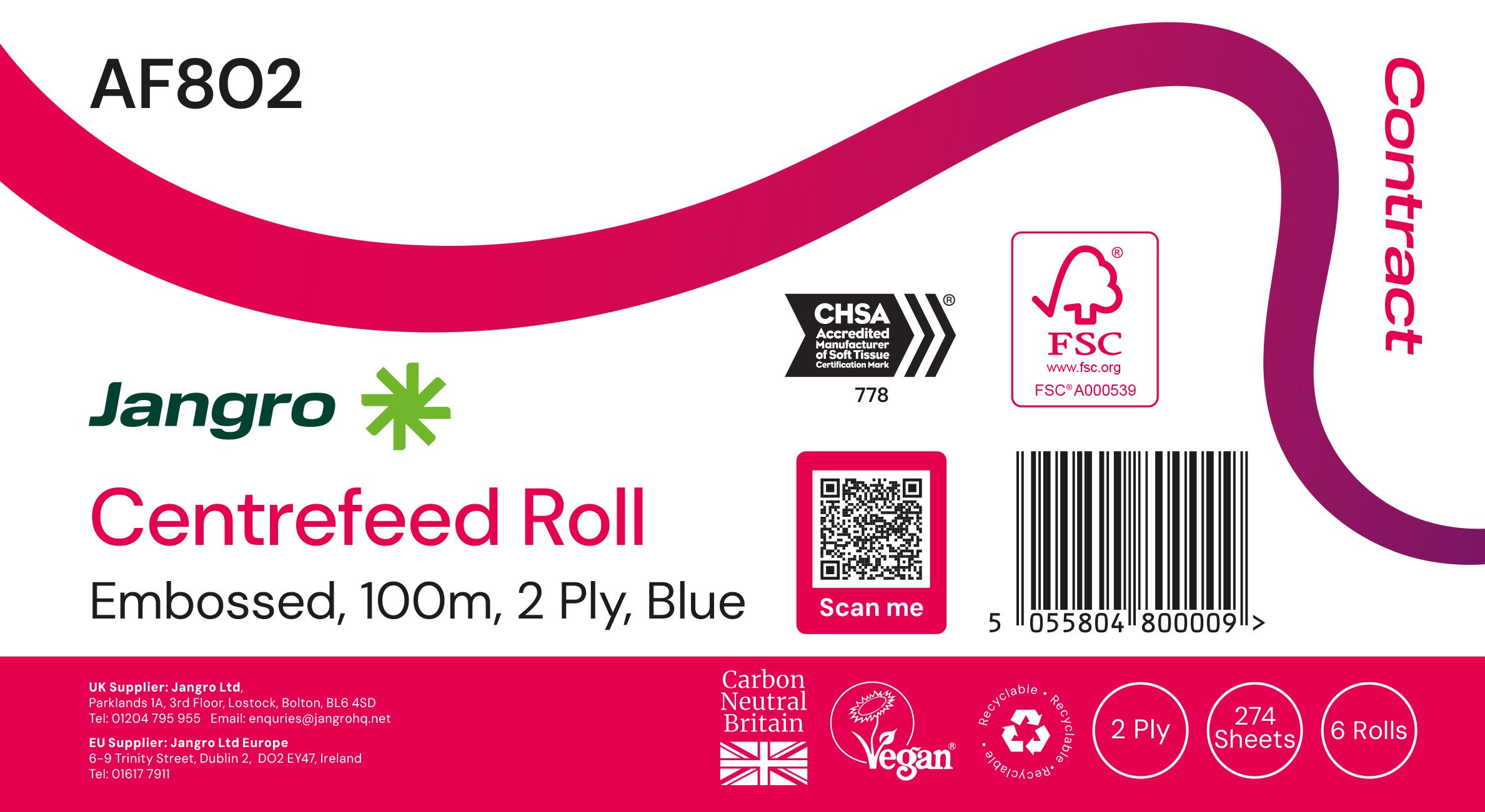 Jangro Contract 2 Ply Embossed Centrefeed Rolls - Blue