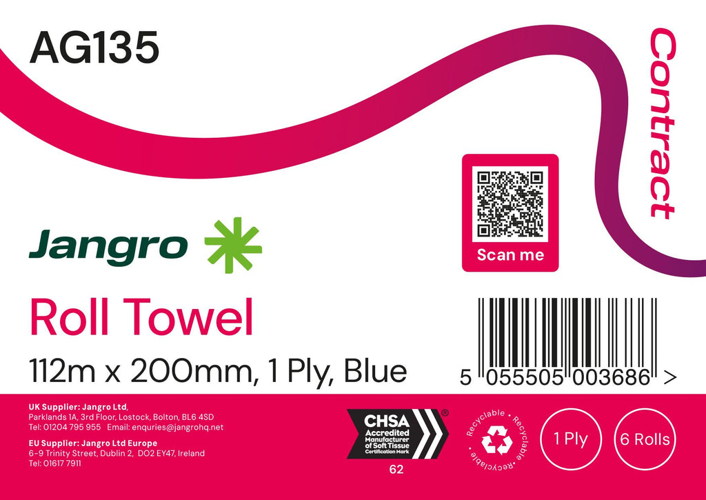 Jangro 1 Ply Roll Towel - Blue - 6 Pack
