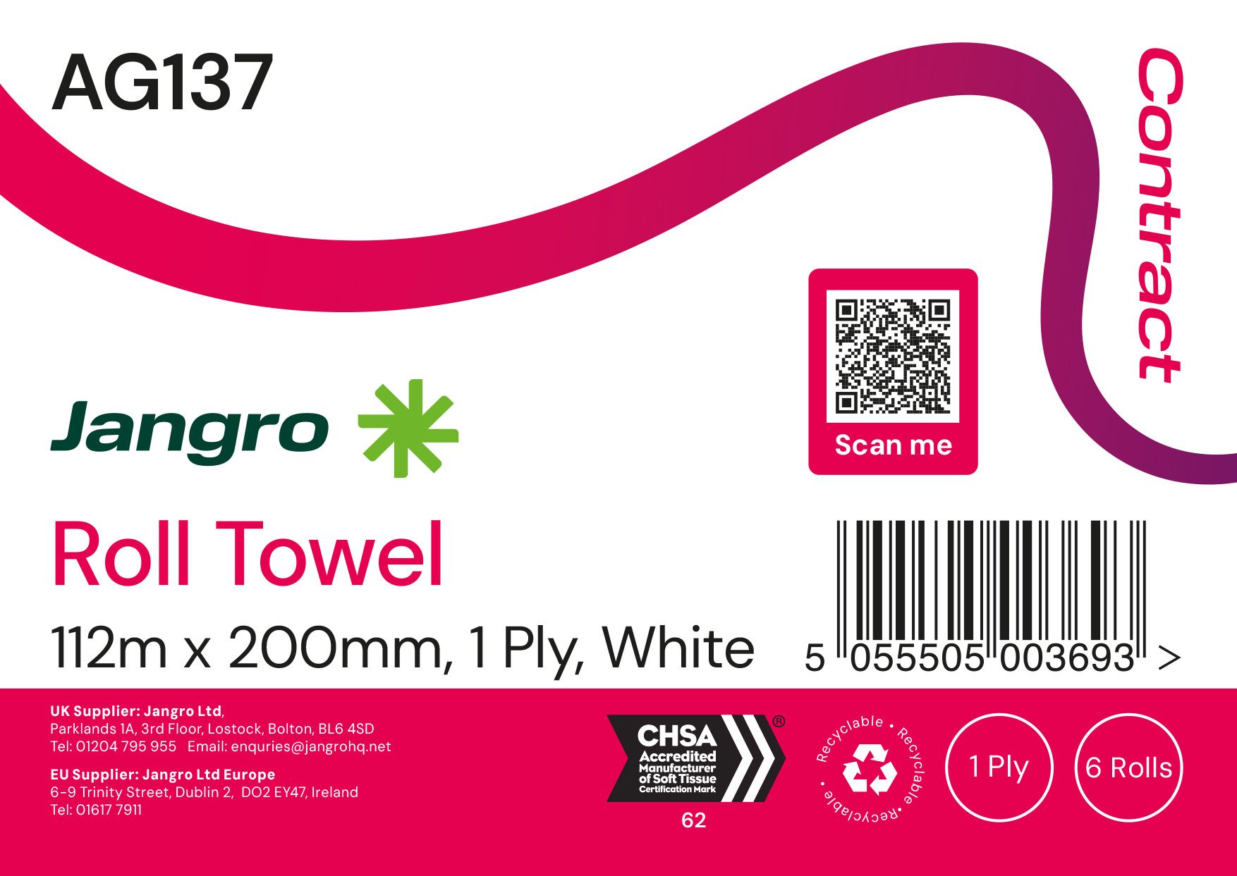 Jangro 1 Ply Roll Towel - White - 6 Pack