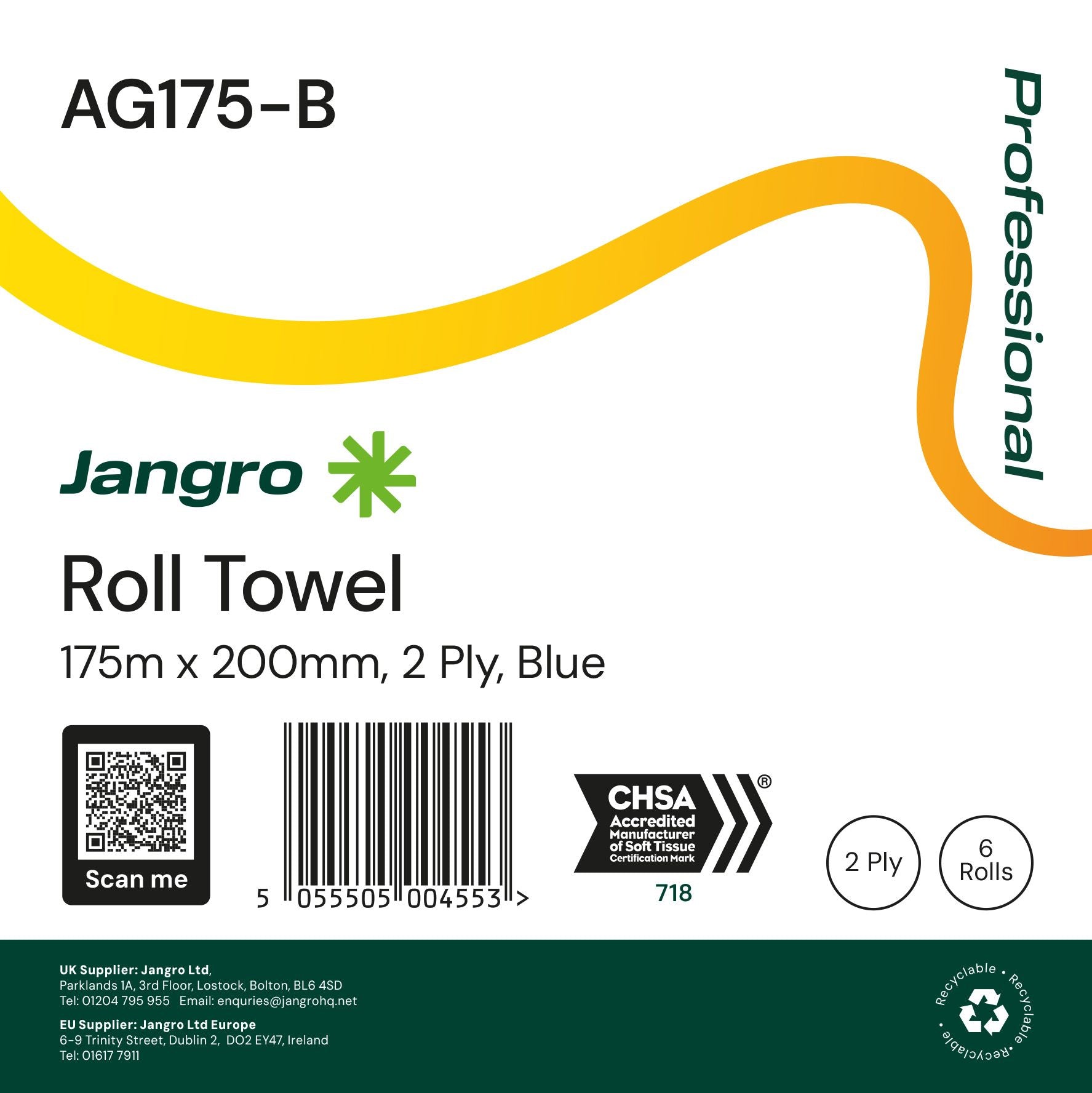 Jangro Blue Roll Towel, 2ply  175M x 200mm