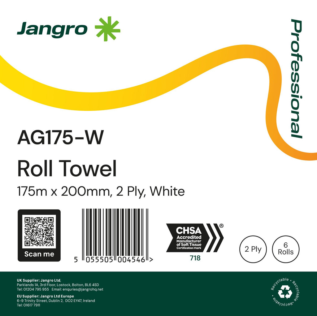 Jangro White Roll Towel, 2 ply 175M x 200mm