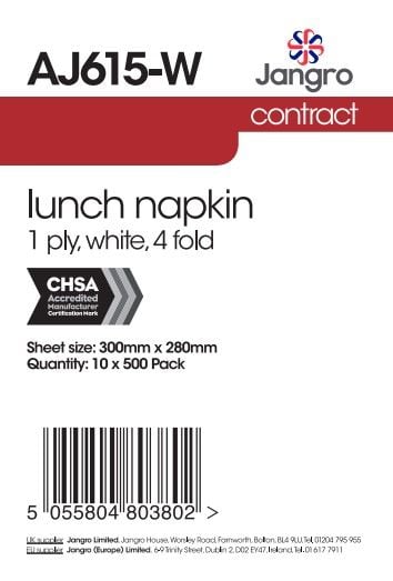 Jangro Contract 1 Ply Lunch Napkins - 4 Fold - White
