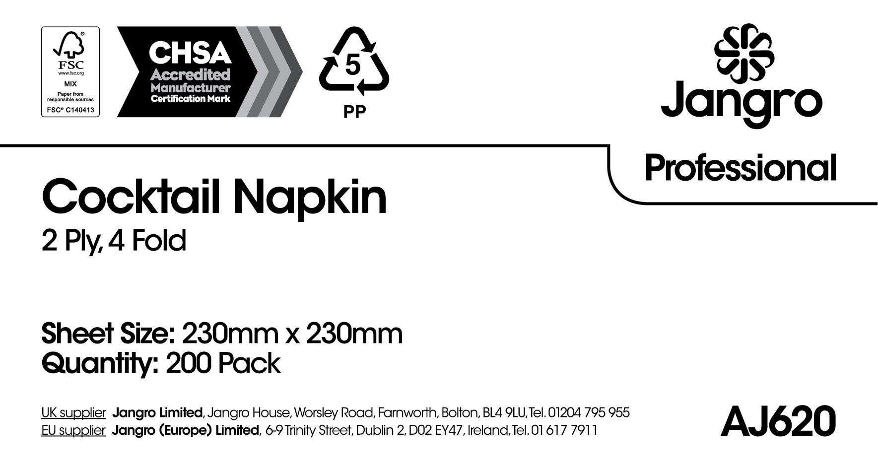 Jangro Professional 2 Ply Cocktail Napkins - 4 Fold - Black