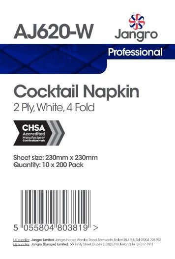 Jangro Professional 2 Ply Cocktail Napkins - 4 Fold - White