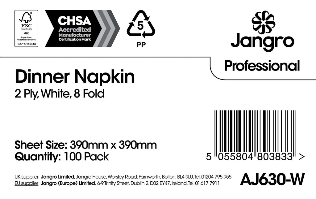 Jangro Professional Dinner 2 Ply Napkins - 8 Fold - White