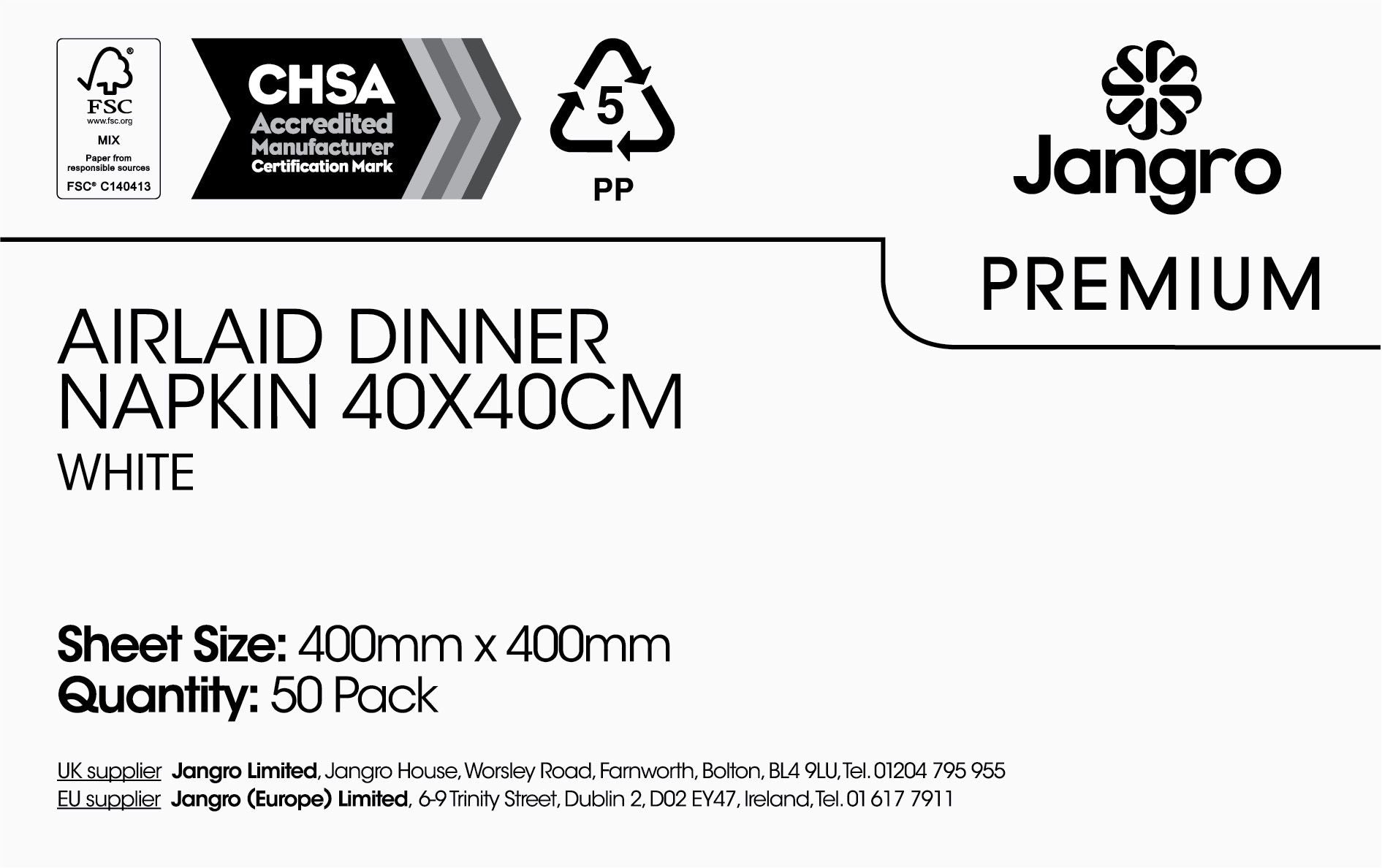 Jangro Premium Tablin Airlaid Dinner Napkin - 4 Fold - White