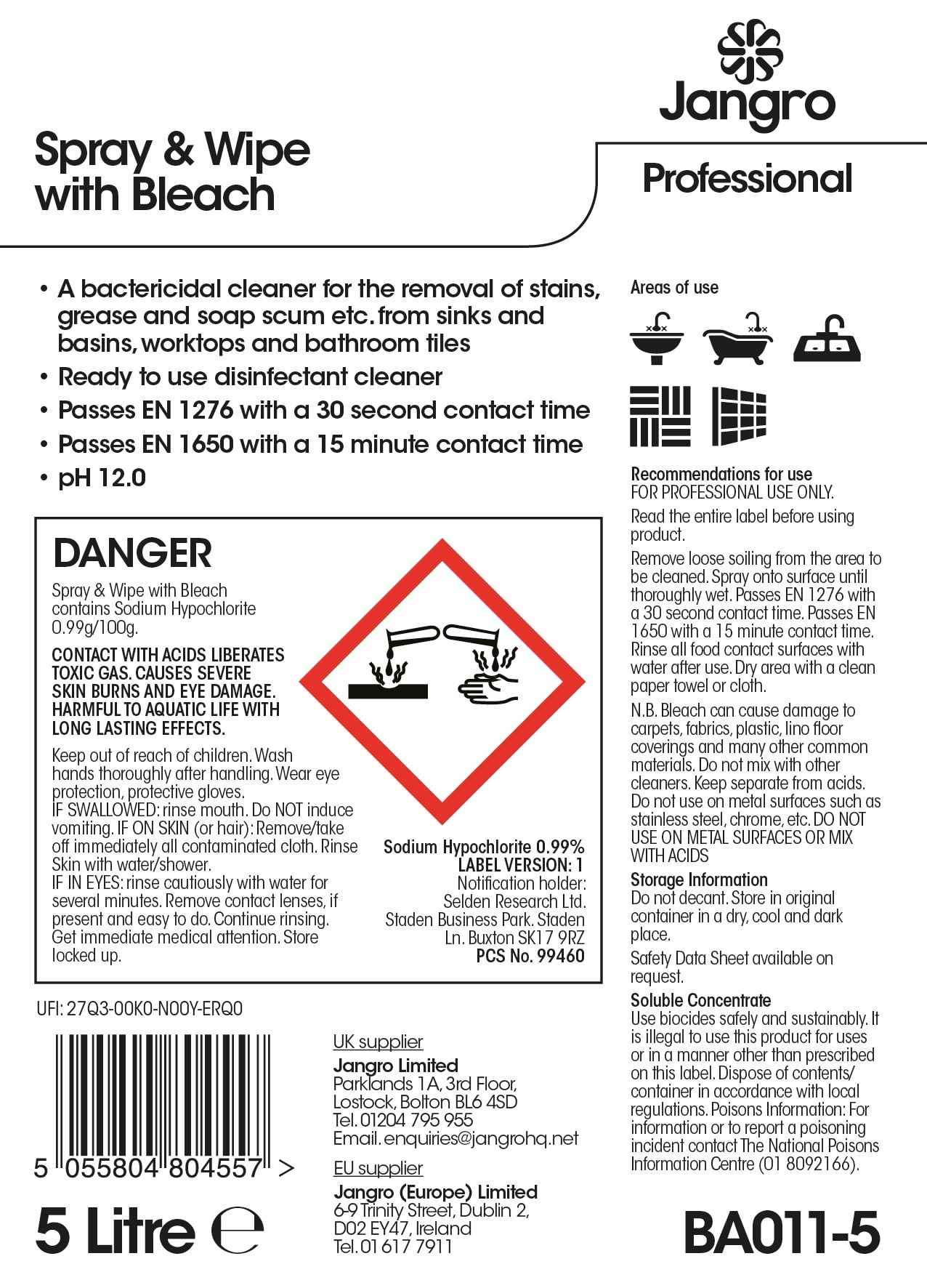 Jangro Spray & Wipe with Bleach - 5L