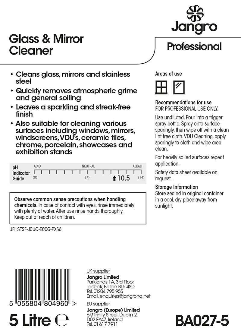 Jangro Professional Glass & Mirror Cleaner - 5L