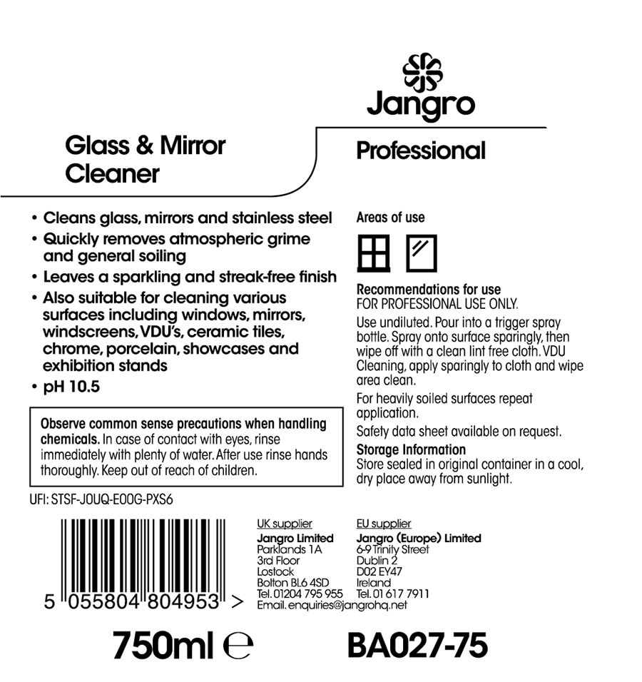 Jangro Professional Glass & Mirror Cleaner - 750ml