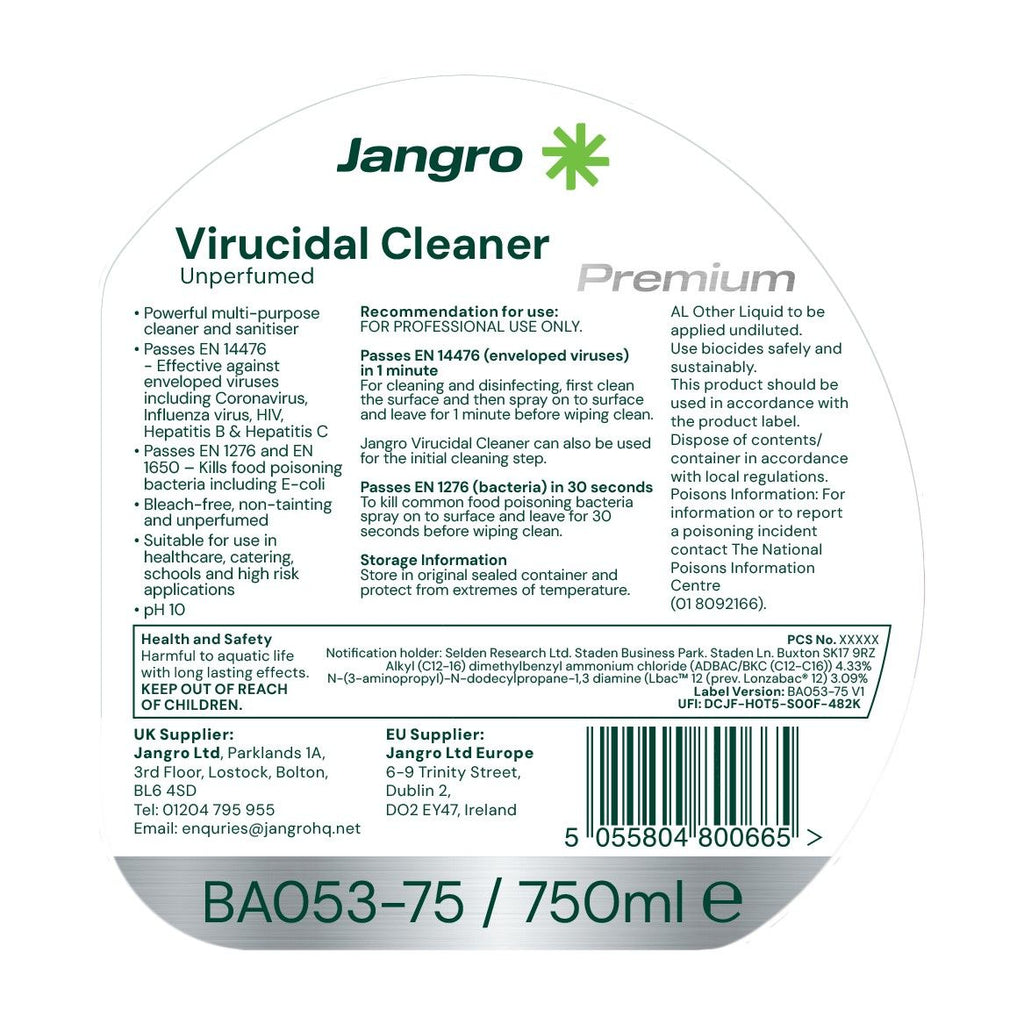Jangro Premium Unperfumed Virucidal Cleaner - 750ml