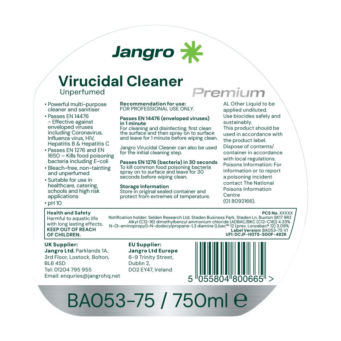 Jangro Premium Unperfumed Virucidal Cleaner - 750ml