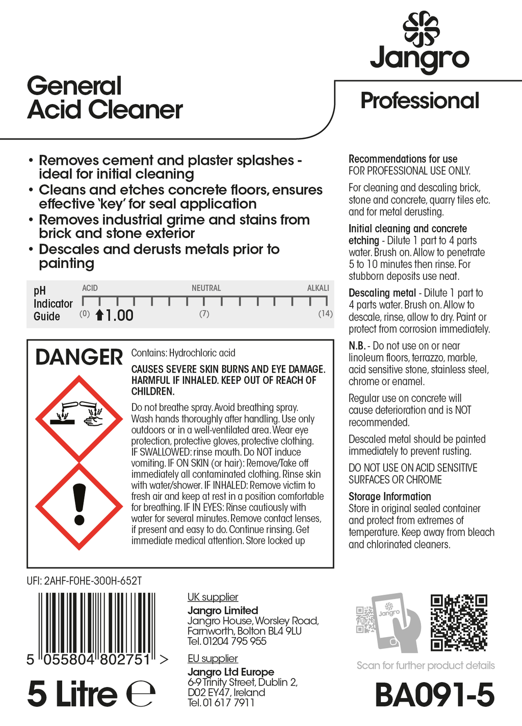 Jangro Professional General Acid Cleaner - 5L