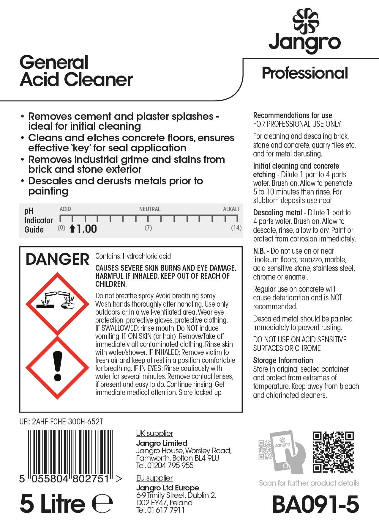 Jangro Professional General Acid Cleaner - 5L