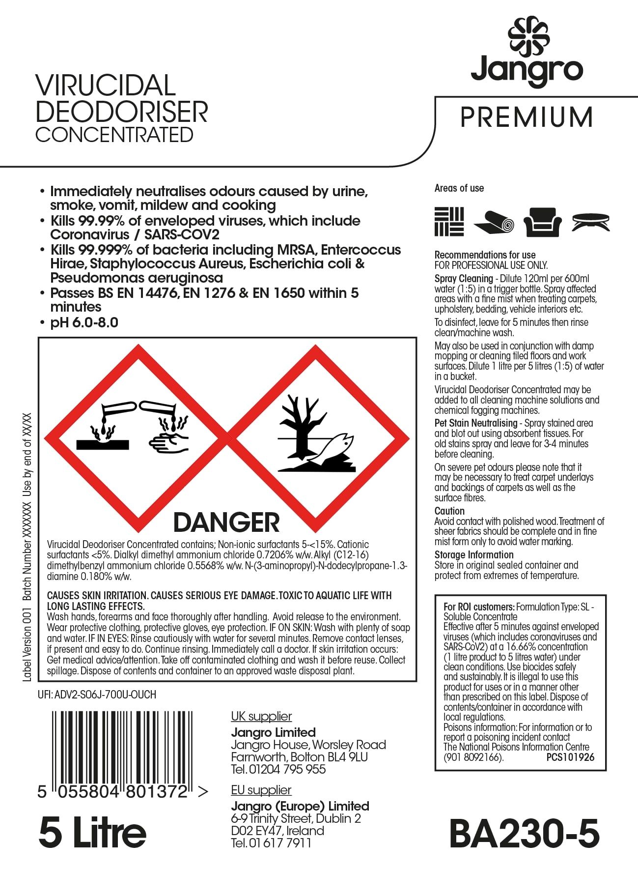 Jangro Premium Virucidal Deodoriser - 5L