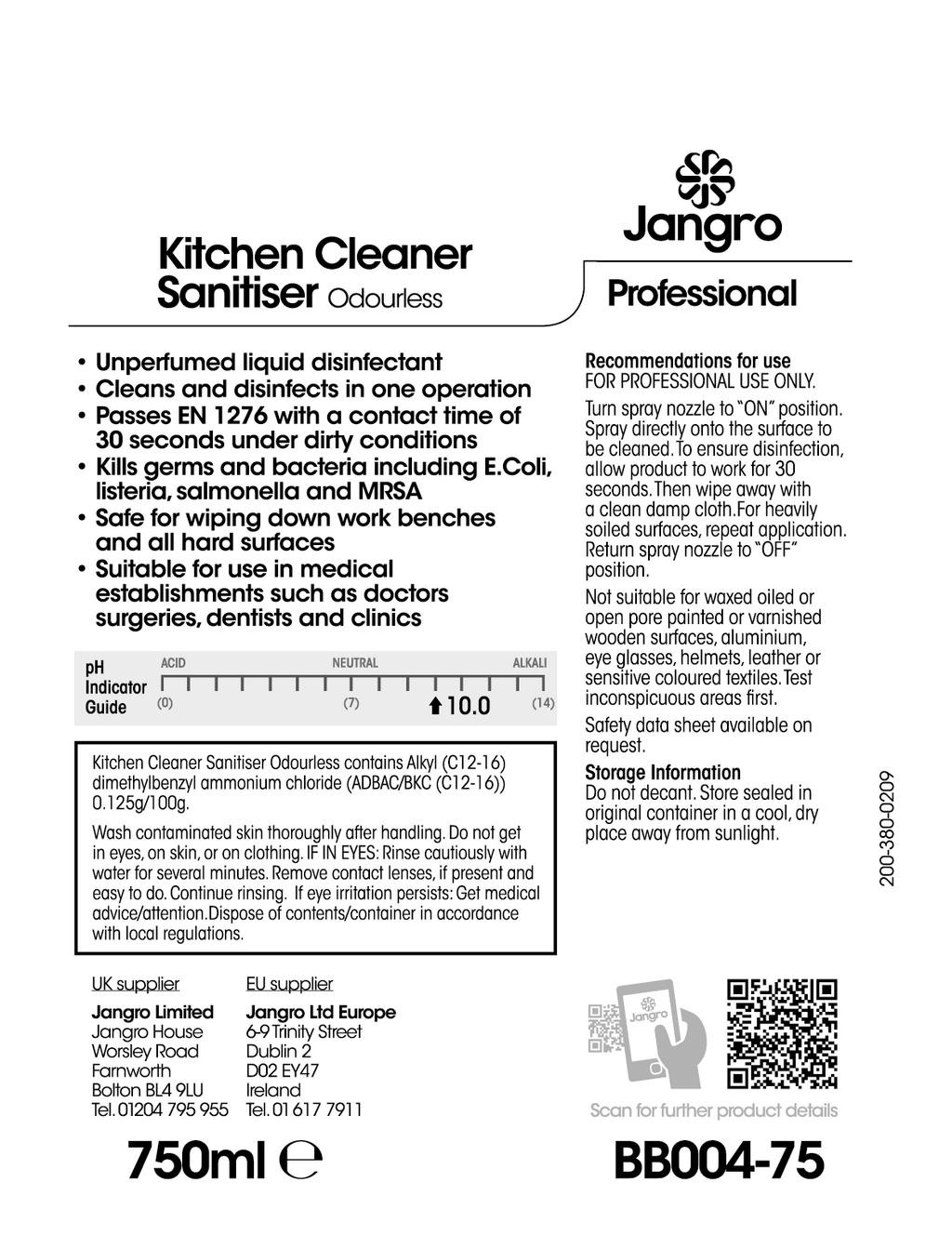 Jangro Professional Odourless Kitchen Cleaner Sanitiser - 750ml