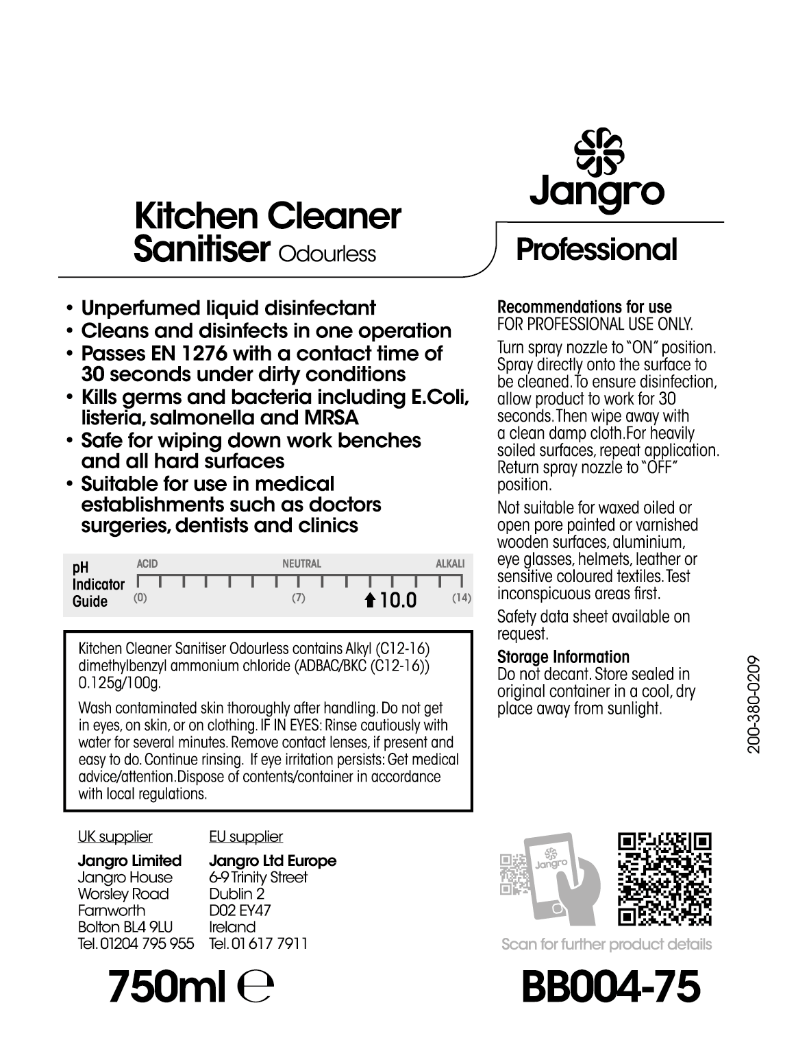 Jangro Professional Odourless Kitchen Cleaner Sanitiser - 750ml