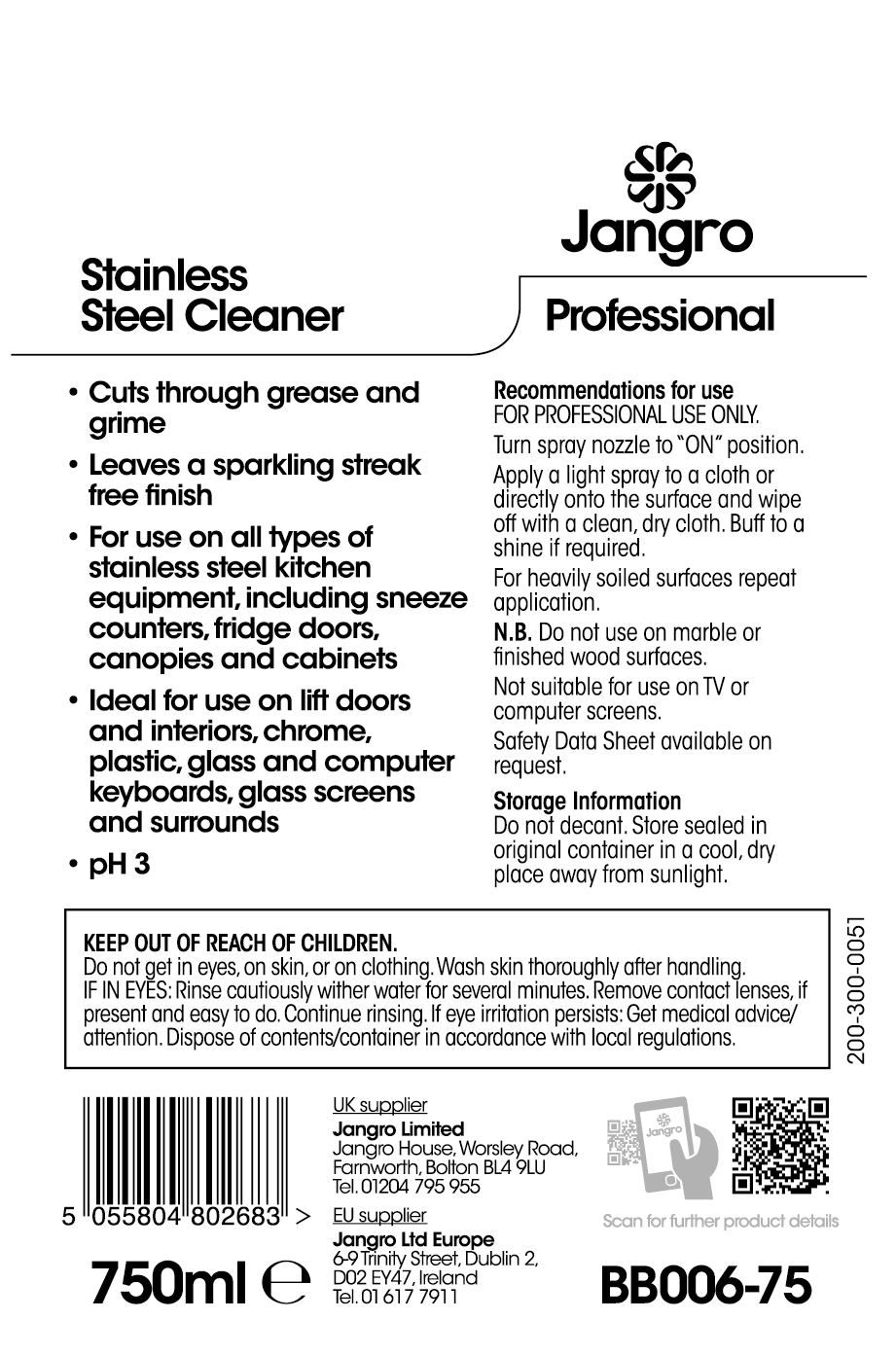 Jangro Professional Stainless Steel Cleaner - 750ml