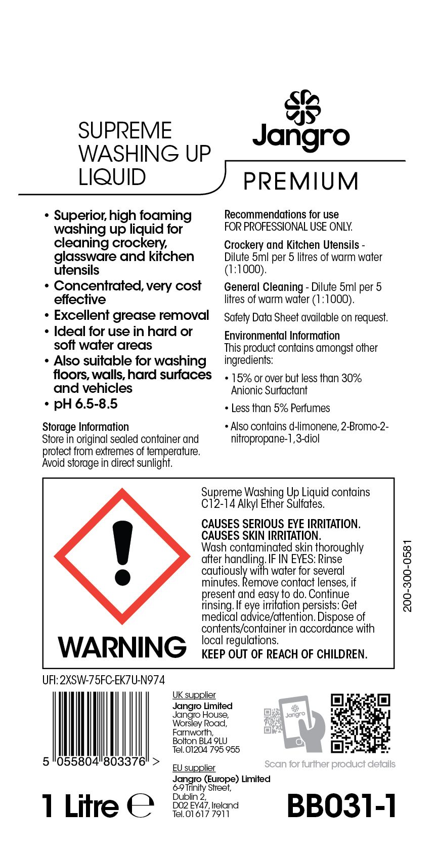 Jangro Premium Supreme Washing Up Liquid - 1L