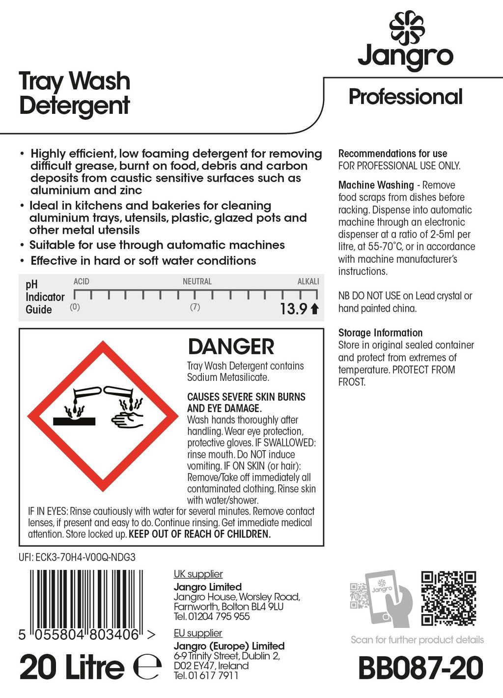 Jangro Professional Tray Wash Detergent - 20L