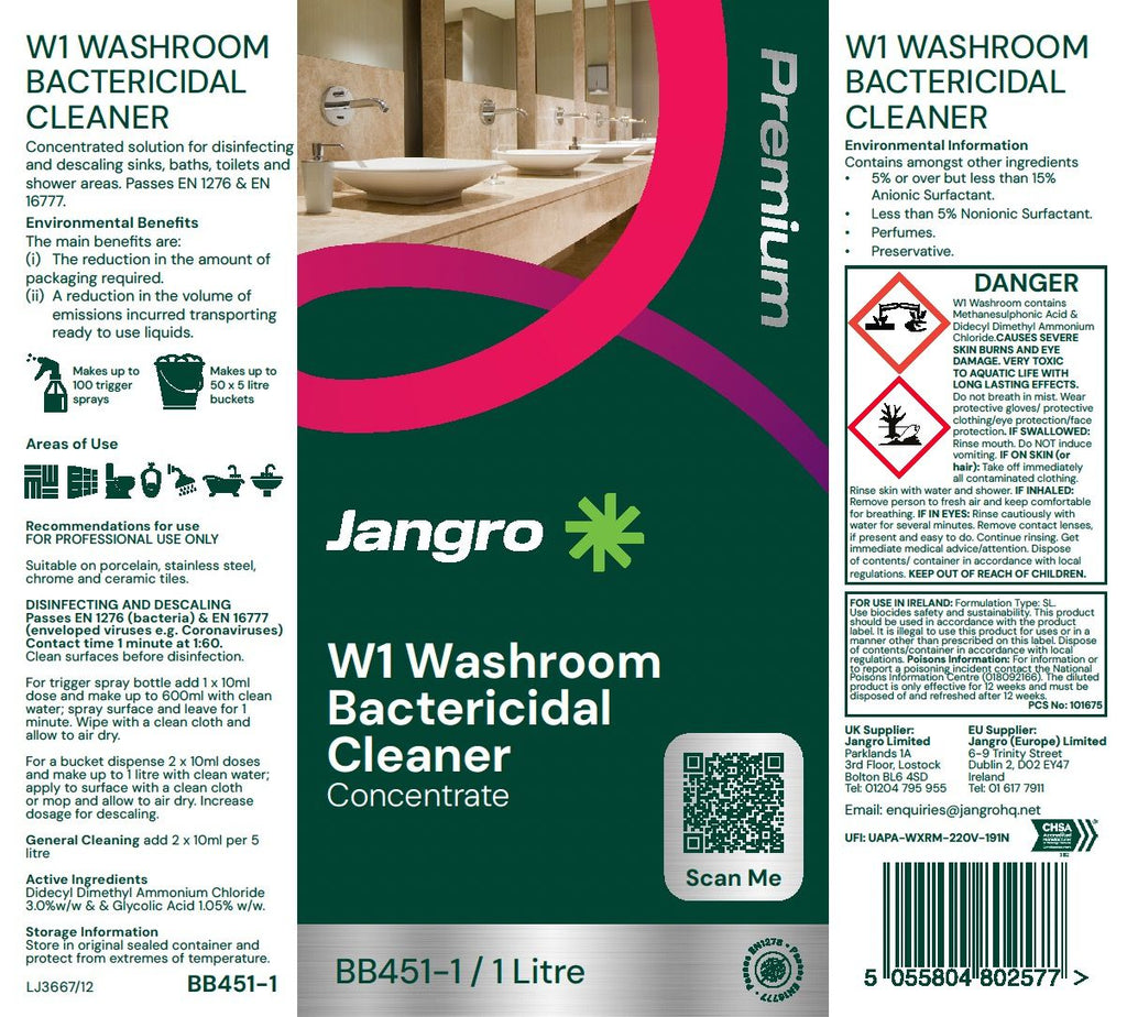 Jangro Premium W1 Washroom Bactericidal Cleaner 1 litre