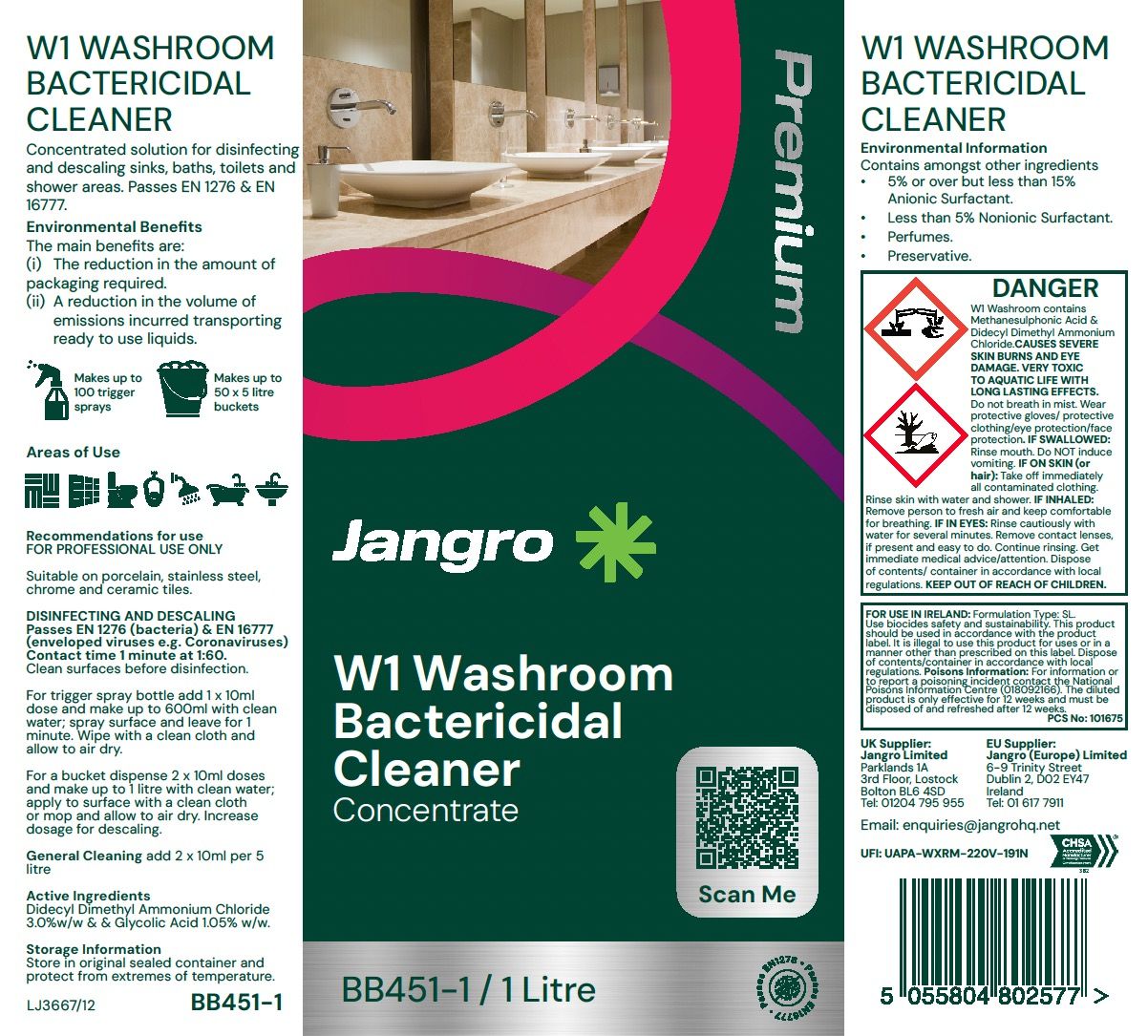 Jangro Premium W1 Washroom Bactericidal Cleaner 1 litre