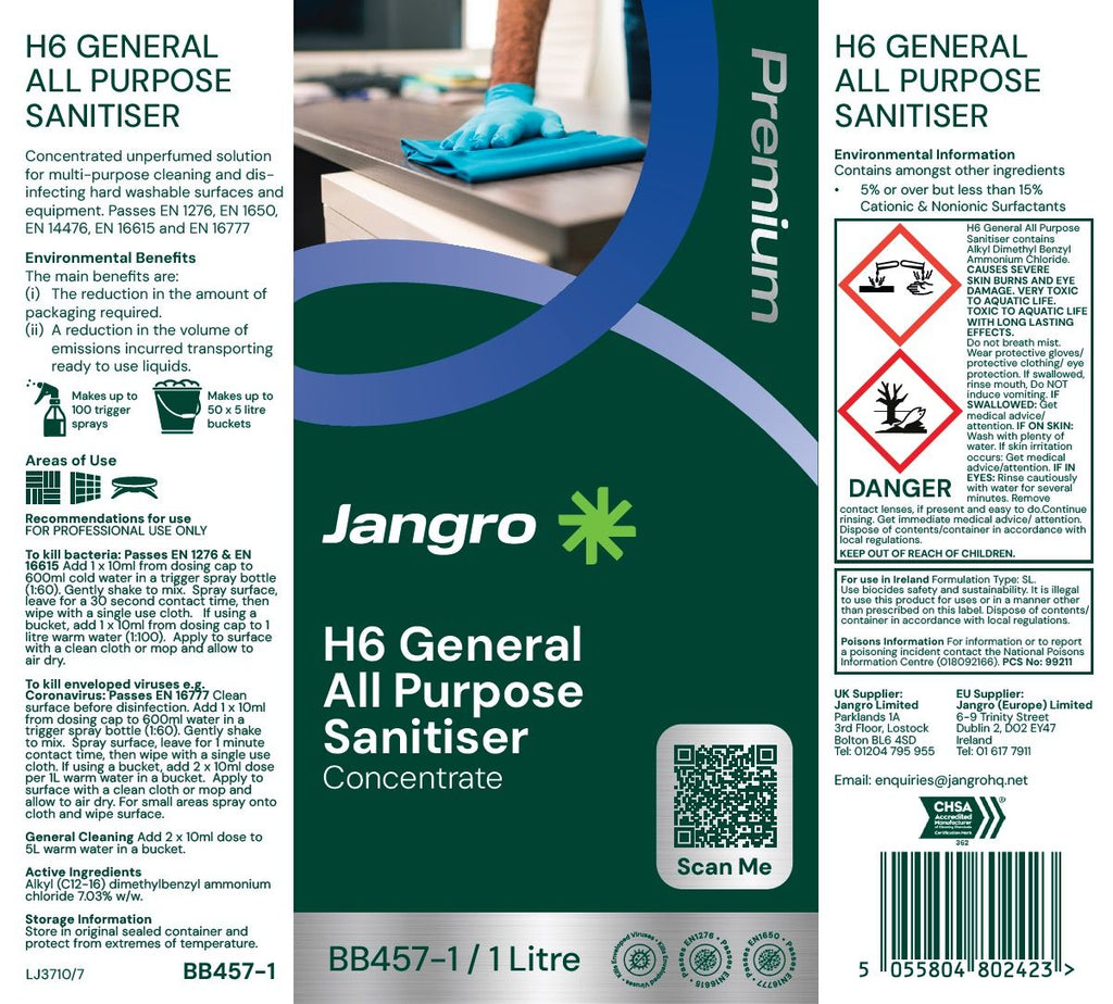 Jangro Premium H6 General All Purpose Sanitiser - 1L