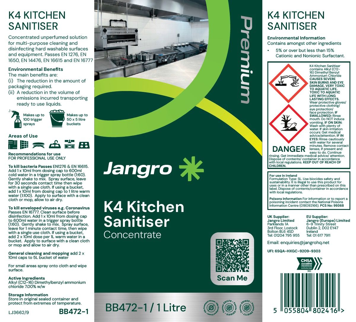 Jangro Premium K4 Kitchen Sanitiser - 1L