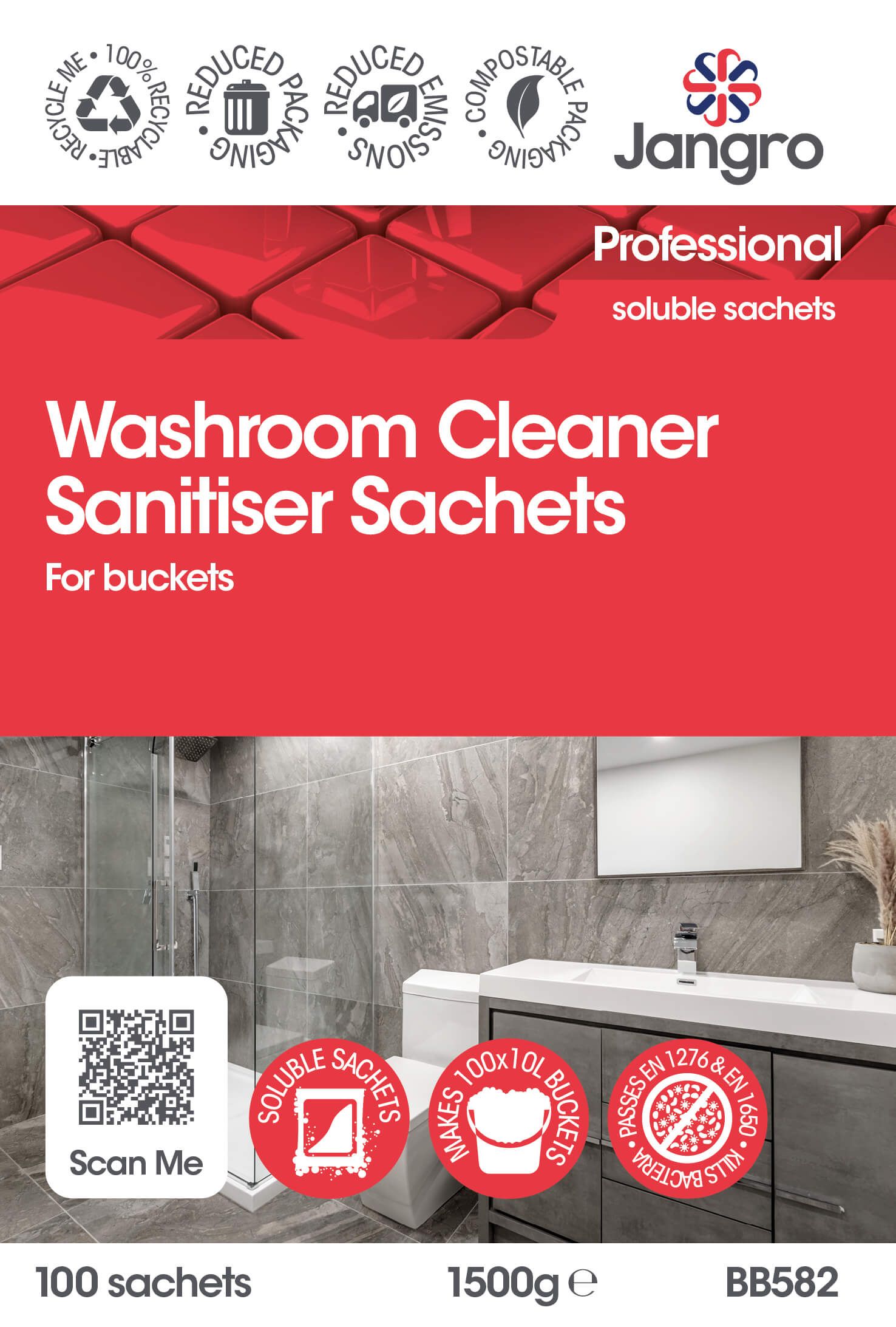 Jangro Professional Washroom Cleaner Sanitiser Sachets - Bucket