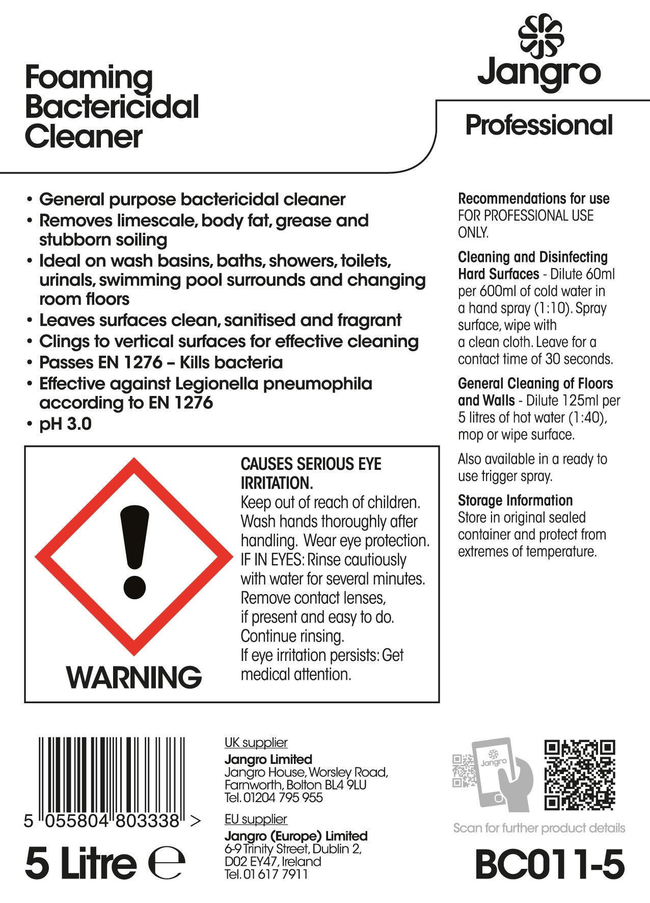 Jangro Professional Foaming Bactericidal Cleaner - 5L