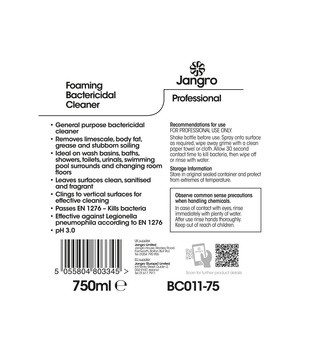 Jangro Professional Foaming Bactericidal Cleaner - 750ml