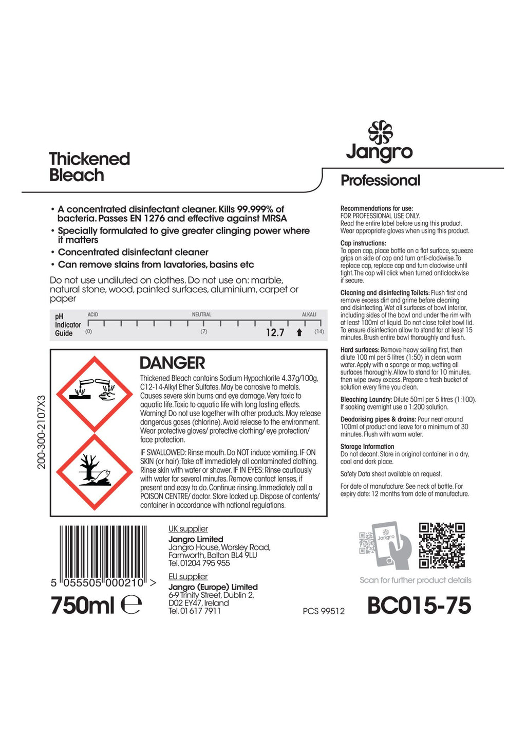 Jangro Professional Thickened Bleach - 750ml