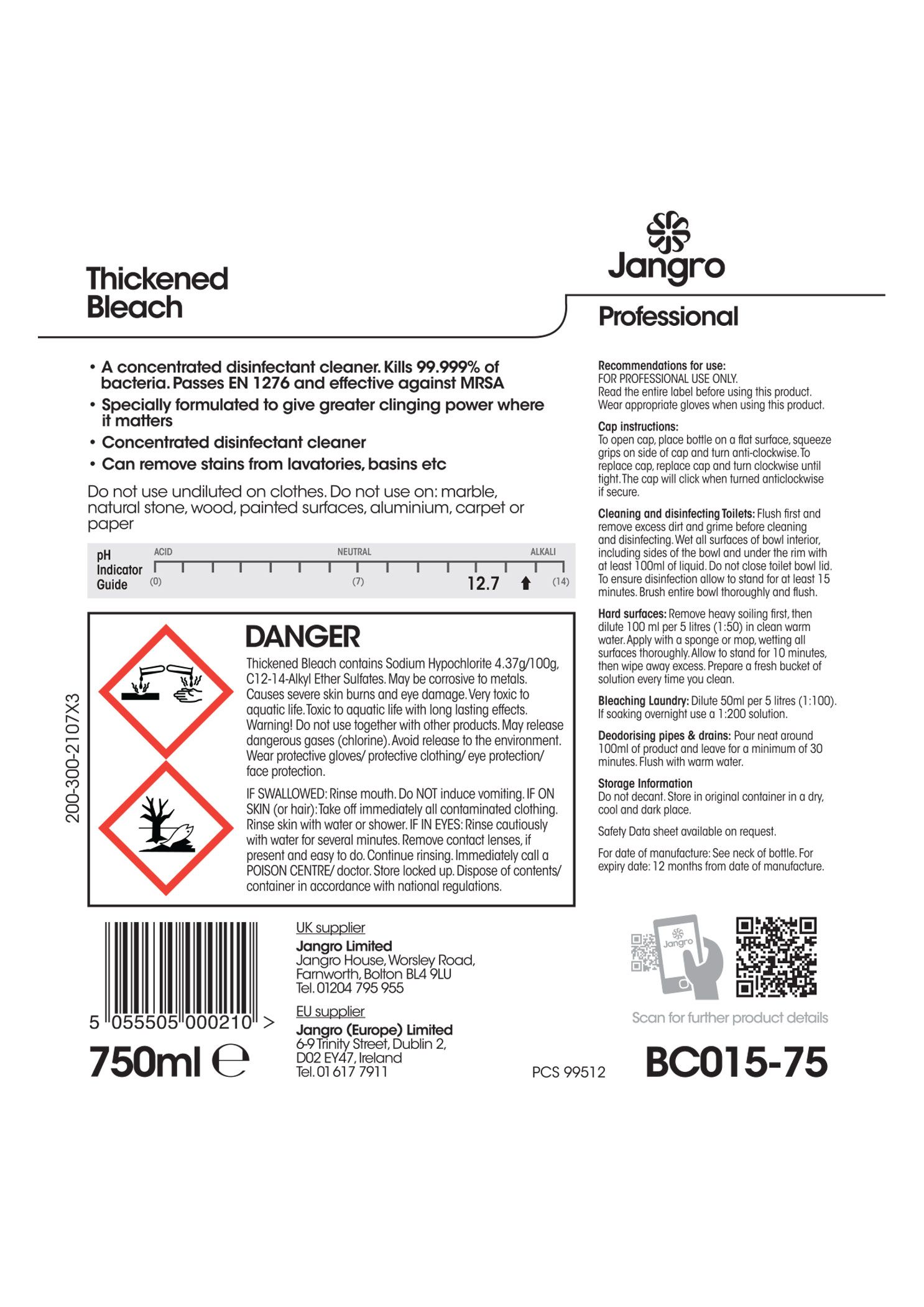 Jangro Professional Thickened Bleach - 750ml