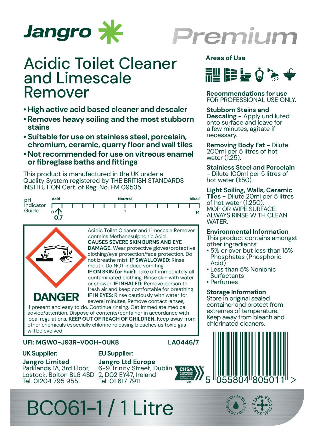 Jangro Premium Acidic Toilet Cleaner and Limescale Remover - 1L