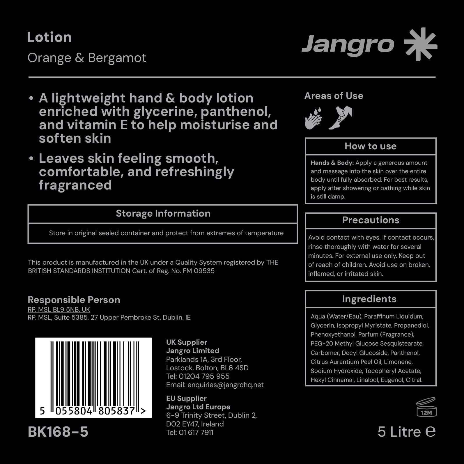 Jangro Orange & Bergamot Hand & Body Lotion 5 litre
